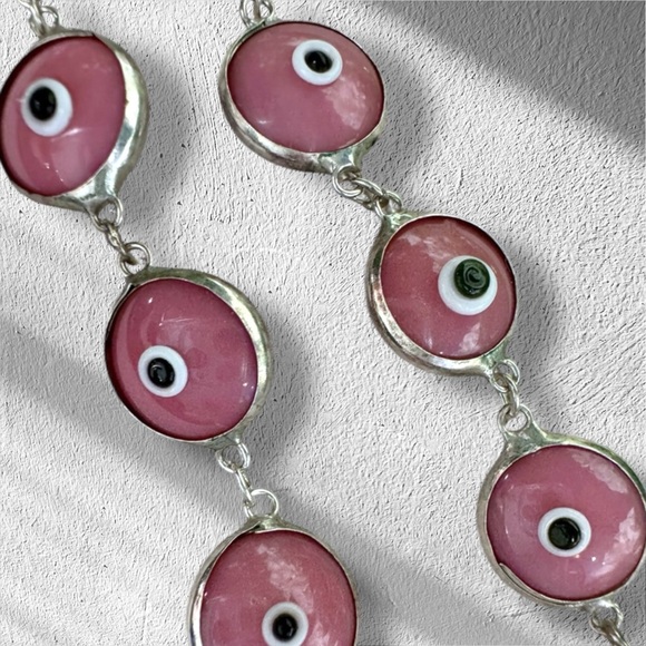 Vintage Handmade Pink Evil Eye Bracelet Solid 925 Sterling Silver - Picture 1 of 8